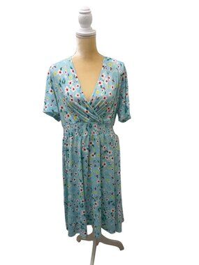 UVN XL Blue Floral Stretch Midi Dress Poly Spandex V‑Neck Short Sleeve Fit&Flare